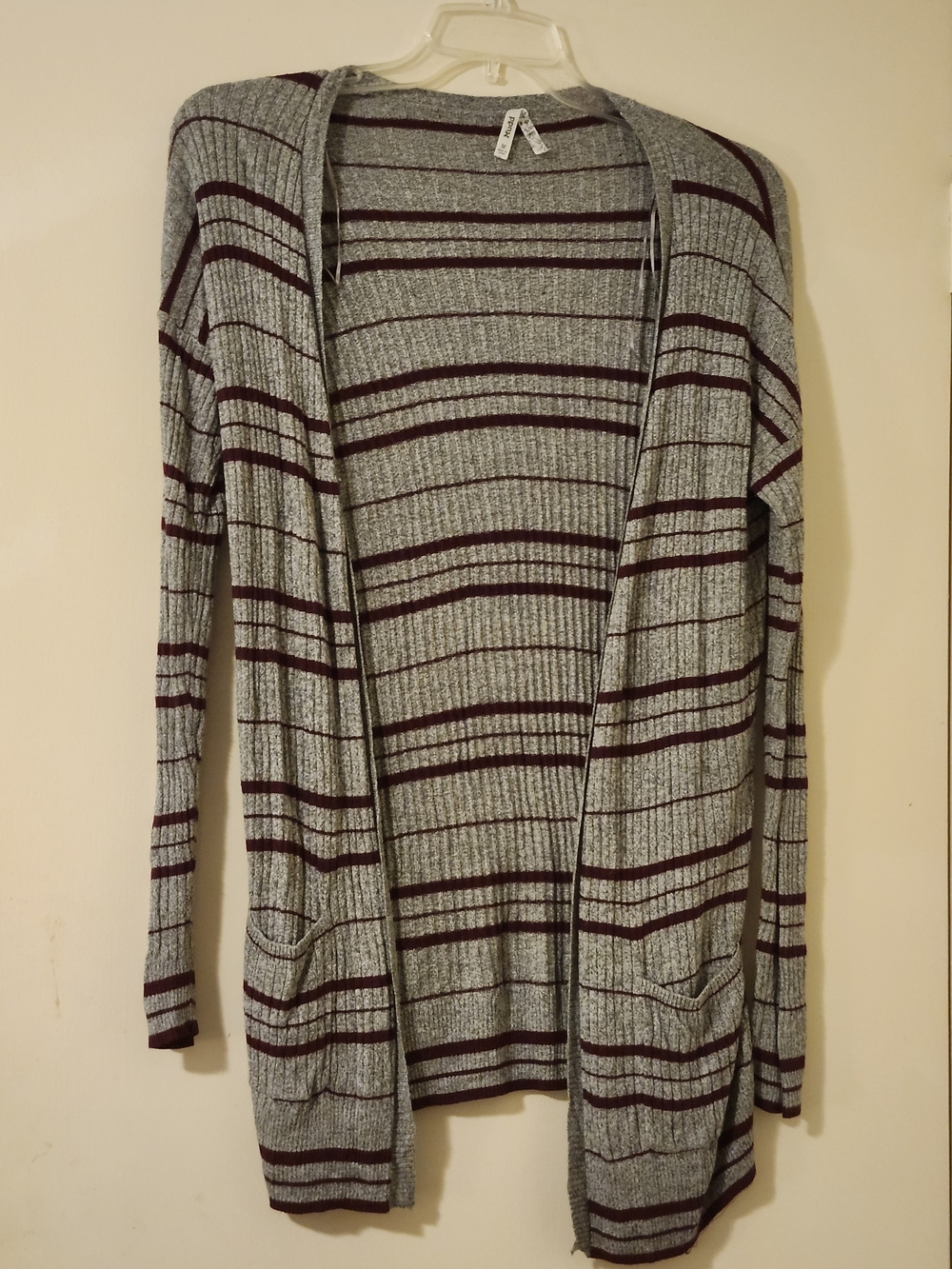Mudd Preppy Gray and Burgundy Striped Open-Front Layering Cardigan M